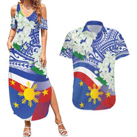 Philippines Flag Couples Matching Summer Maxi Dress and Hawaiian Shirt Sampaguita Jasmine with Polynesian Tribal LT9 Blue - Polynesian Pride