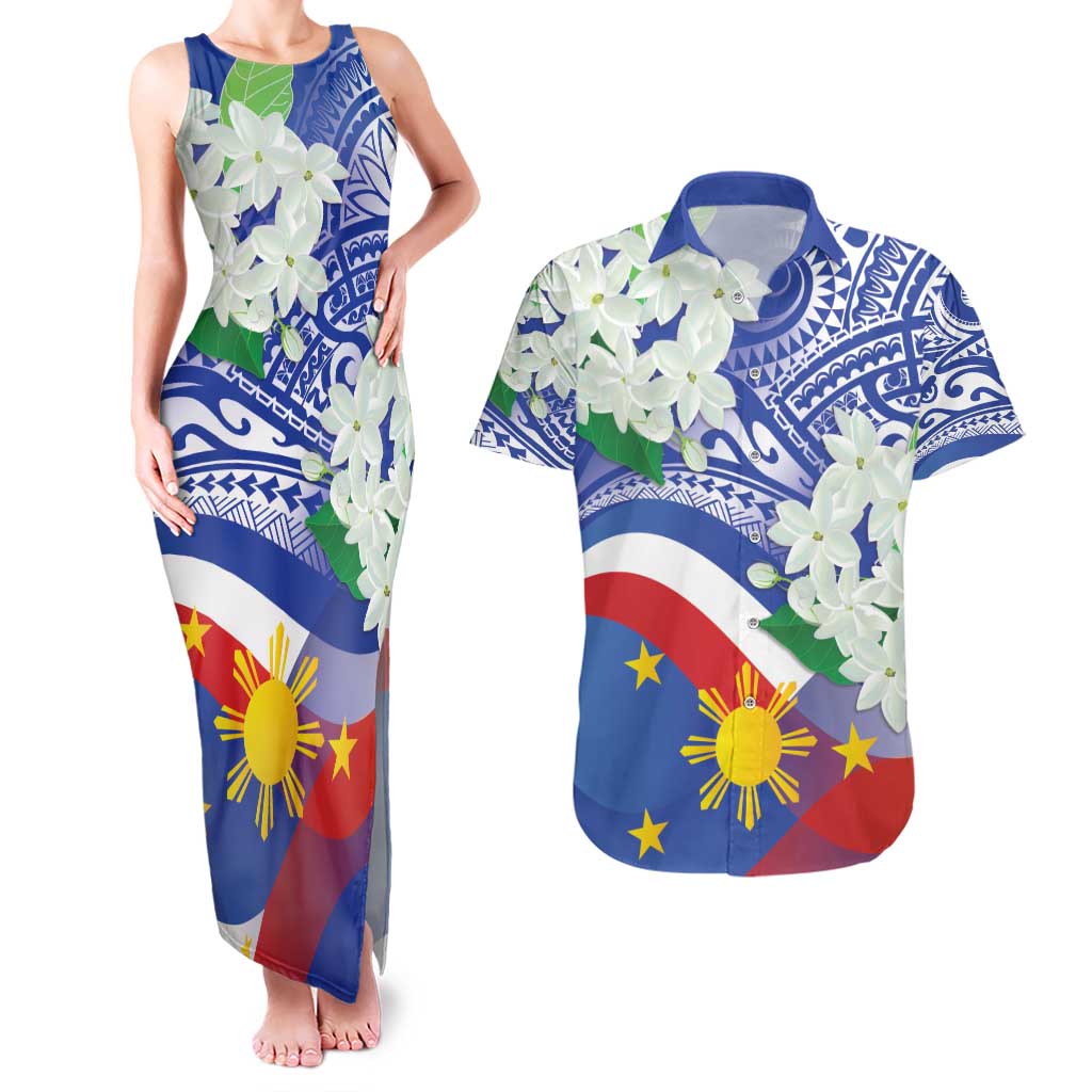 Philippines Flag Couples Matching Tank Maxi Dress and Hawaiian Shirt Sampaguita Jasmine with Polynesian Tribal LT9 Blue - Polynesian Pride