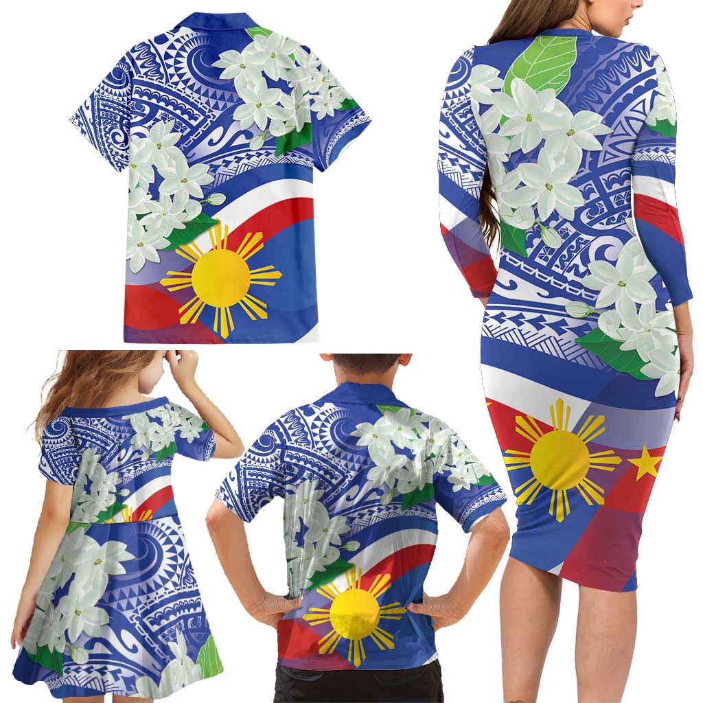 Philippines Flag Family Matching Long Sleeve Bodycon Dress and Hawaiian Shirt Sampaguita Jasmine with Polynesian Tribal LT9 - Polynesian Pride