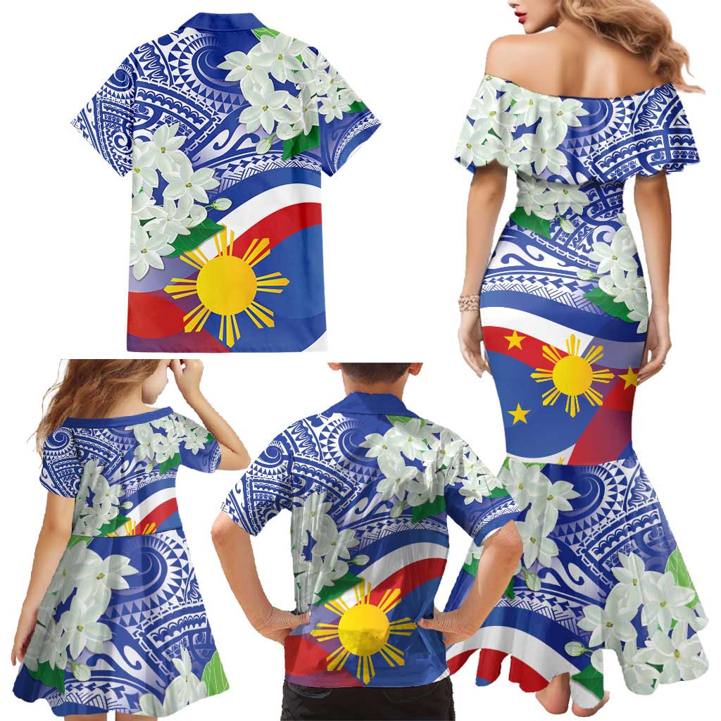 Philippines Flag Family Matching Mermaid Dress and Hawaiian Shirt Sampaguita Jasmine with Polynesian Tribal LT9 - Polynesian Pride