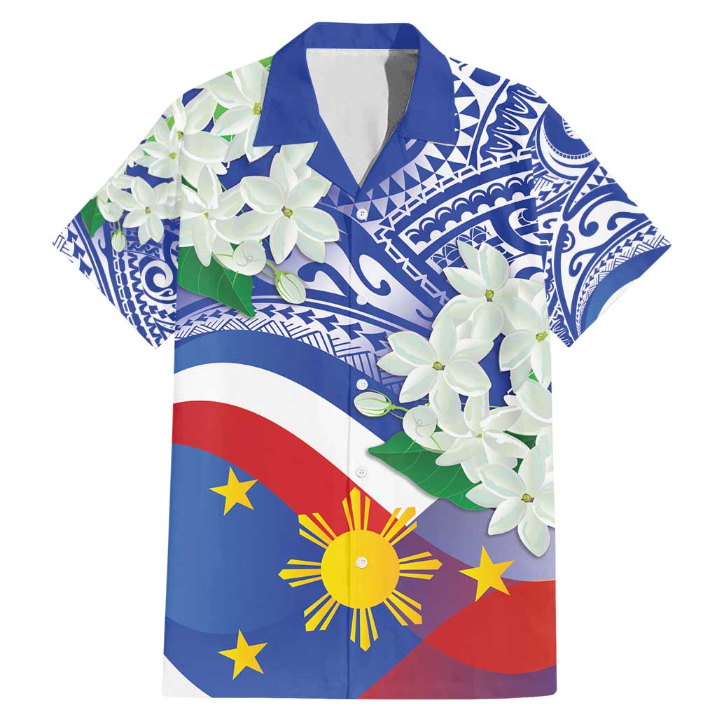 Philippines Flag Family Matching Mermaid Dress and Hawaiian Shirt Sampaguita Jasmine with Polynesian Tribal LT9 Dad's Shirt - Short Sleeve Blue - Polynesian Pride