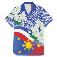 Philippines Flag Family Matching Mermaid Dress and Hawaiian Shirt Sampaguita Jasmine with Polynesian Tribal LT9 Dad's Shirt - Short Sleeve Blue - Polynesian Pride