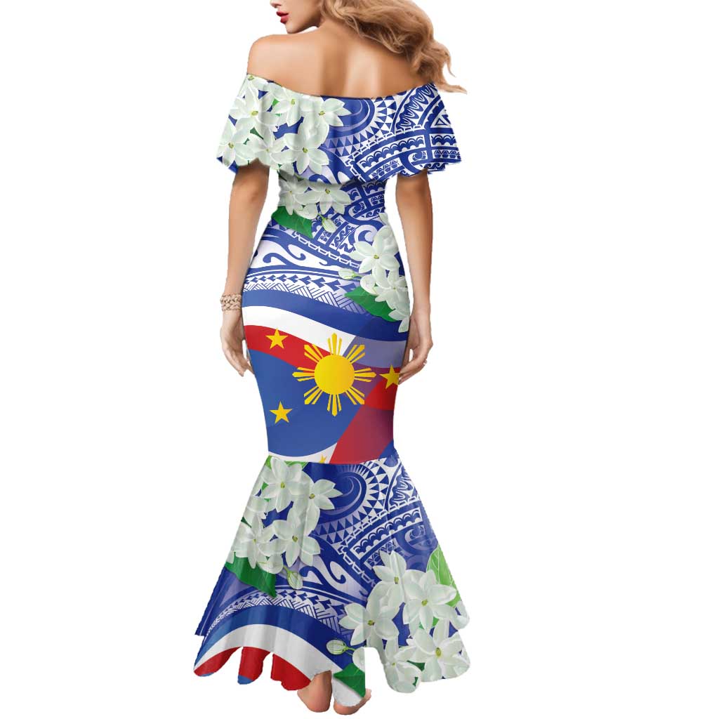 Philippines Flag Family Matching Mermaid Dress and Hawaiian Shirt Sampaguita Jasmine with Polynesian Tribal LT9 - Polynesian Pride