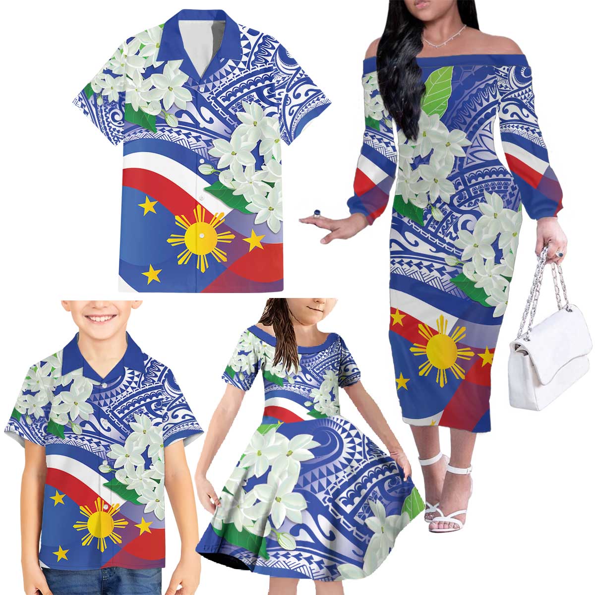 Philippines Flag Family Matching Off The Shoulder Long Sleeve Dress and Hawaiian Shirt Sampaguita Jasmine with Polynesian Tribal LT9 - Polynesian Pride