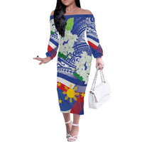 Philippines Flag Family Matching Off The Shoulder Long Sleeve Dress and Hawaiian Shirt Sampaguita Jasmine with Polynesian Tribal LT9 Mom's Dress Blue - Polynesian Pride