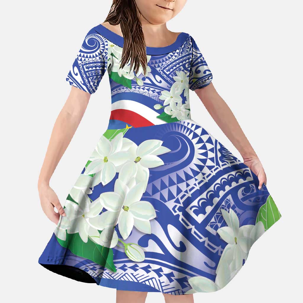Philippines Flag Family Matching Off Shoulder Maxi Dress and Hawaiian Shirt Sampaguita Jasmine with Polynesian Tribal LT9 Daughter's Dress Blue - Polynesian Pride