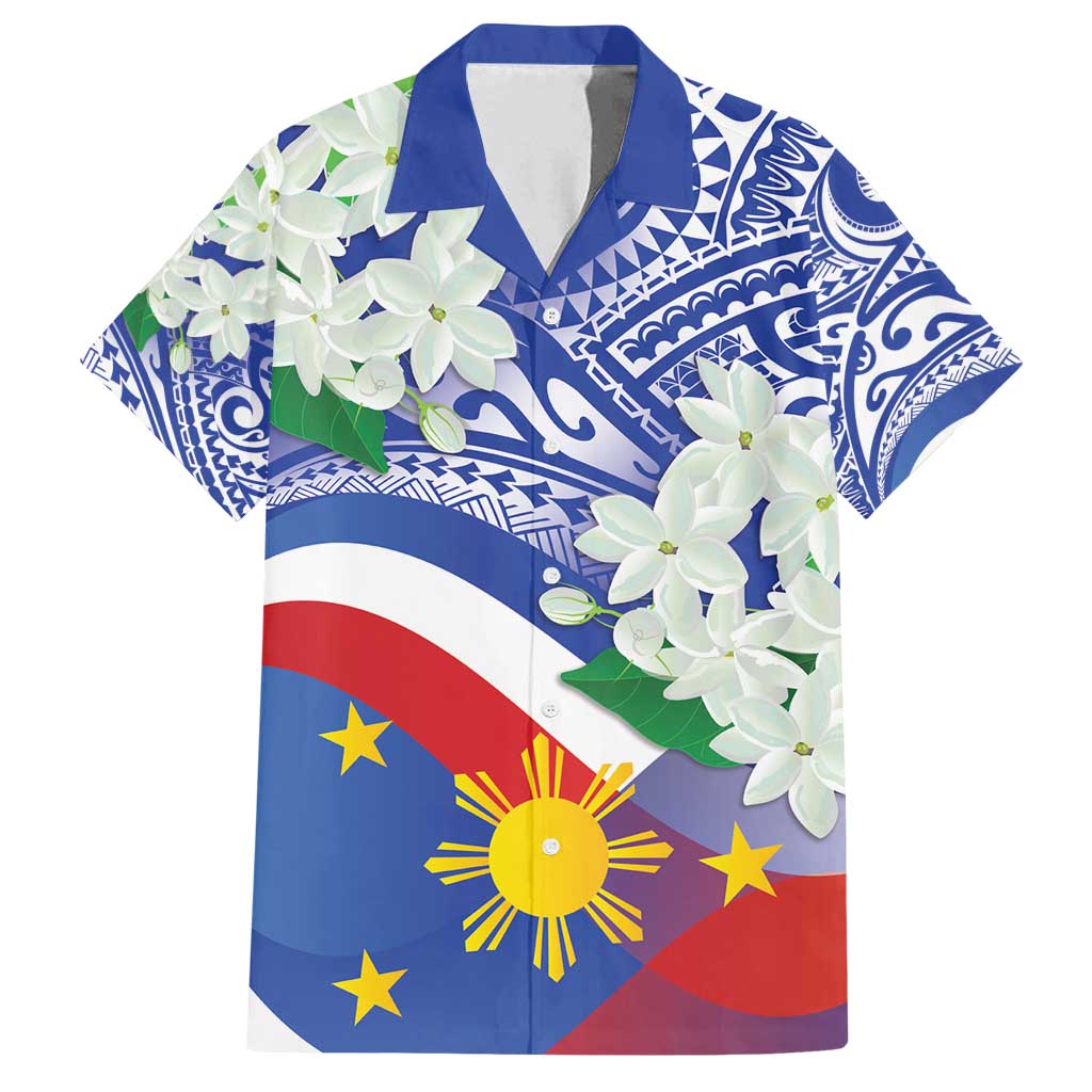 Philippines Flag Family Matching Off Shoulder Maxi Dress and Hawaiian Shirt Sampaguita Jasmine with Polynesian Tribal LT9 Dad's Shirt - Short Sleeve Blue - Polynesian Pride