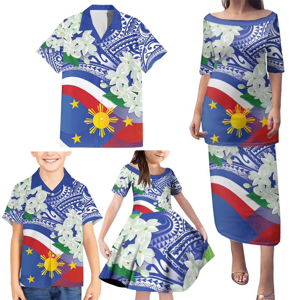 Philippines Flag Family Matching Puletasi and Hawaiian Shirt Sampaguita Jasmine with Polynesian Tribal LT9 - Polynesian Pride