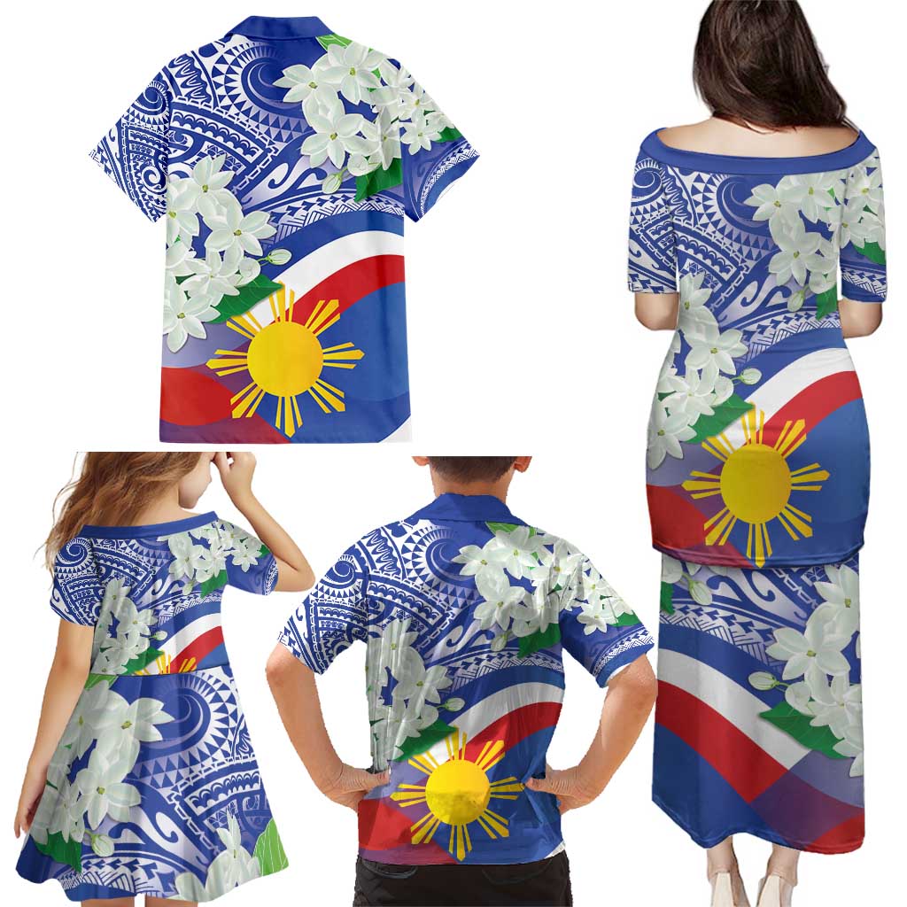 Philippines Flag Family Matching Puletasi and Hawaiian Shirt Sampaguita Jasmine with Polynesian Tribal LT9 - Polynesian Pride