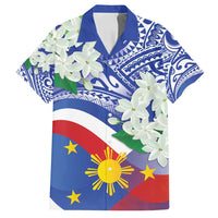Philippines Flag Family Matching Puletasi and Hawaiian Shirt Sampaguita Jasmine with Polynesian Tribal LT9 Dad's Shirt - Short Sleeve Blue - Polynesian Pride