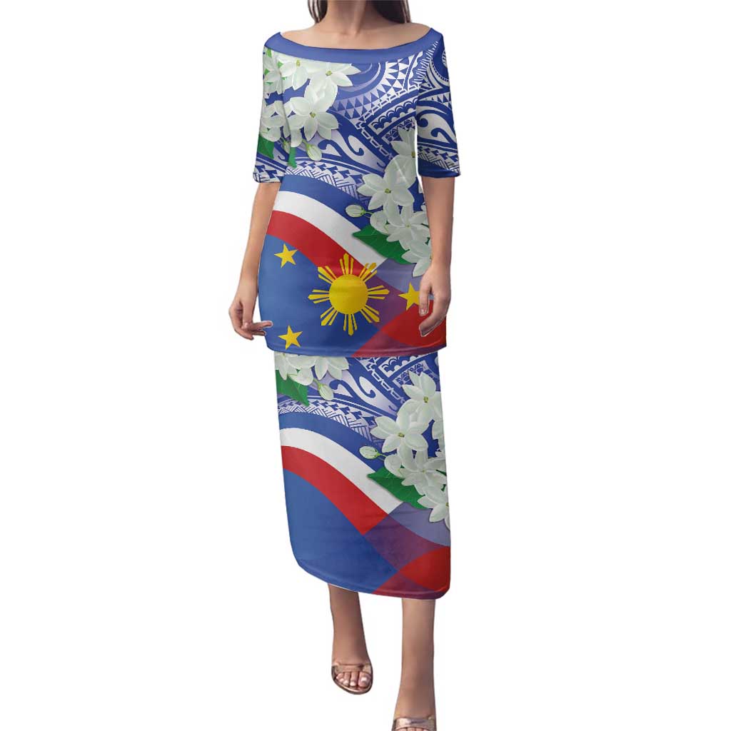 Philippines Flag Family Matching Puletasi and Hawaiian Shirt Sampaguita Jasmine with Polynesian Tribal LT9 Mom's Dress Blue - Polynesian Pride