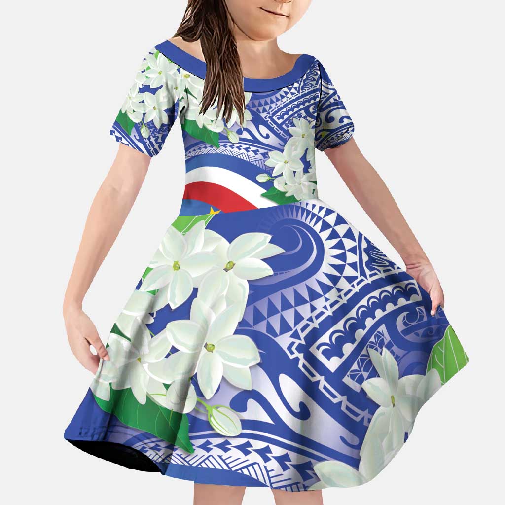 Philippines Flag Family Matching Short Sleeve Bodycon Dress and Hawaiian Shirt Sampaguita Jasmine with Polynesian Tribal LT9 Daughter's Dress Blue - Polynesian Pride