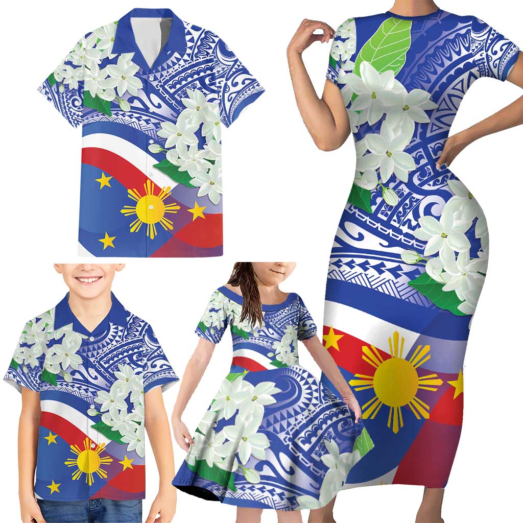 Philippines Flag Family Matching Short Sleeve Bodycon Dress and Hawaiian Shirt Sampaguita Jasmine with Polynesian Tribal LT9 - Polynesian Pride