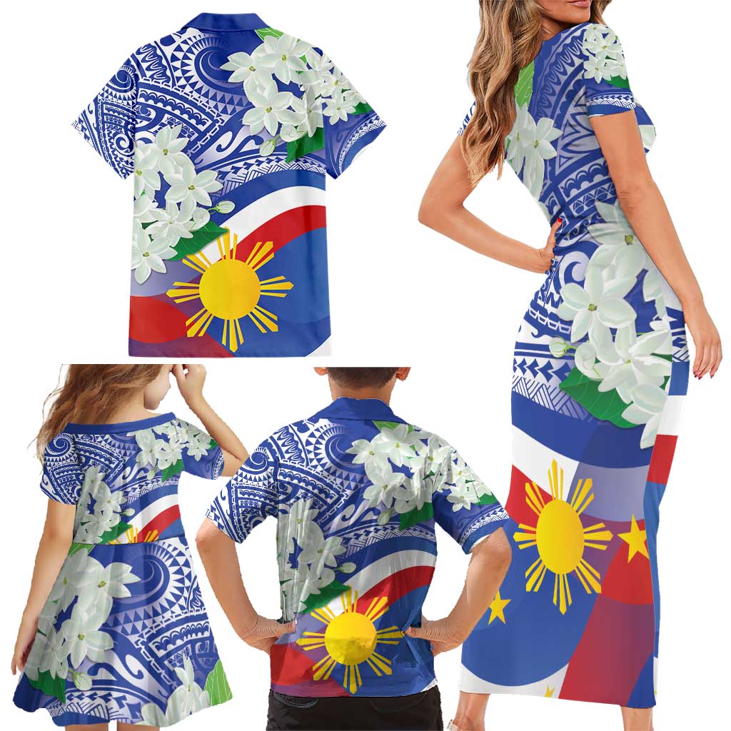 Philippines Flag Family Matching Short Sleeve Bodycon Dress and Hawaiian Shirt Sampaguita Jasmine with Polynesian Tribal LT9 - Polynesian Pride