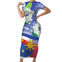 Philippines Flag Family Matching Short Sleeve Bodycon Dress and Hawaiian Shirt Sampaguita Jasmine with Polynesian Tribal LT9 Mom's Dress Blue - Polynesian Pride