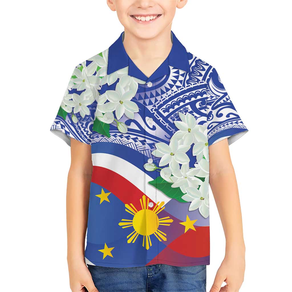 Philippines Flag Family Matching Short Sleeve Bodycon Dress and Hawaiian Shirt Sampaguita Jasmine with Polynesian Tribal LT9 Son's Shirt Blue - Polynesian Pride
