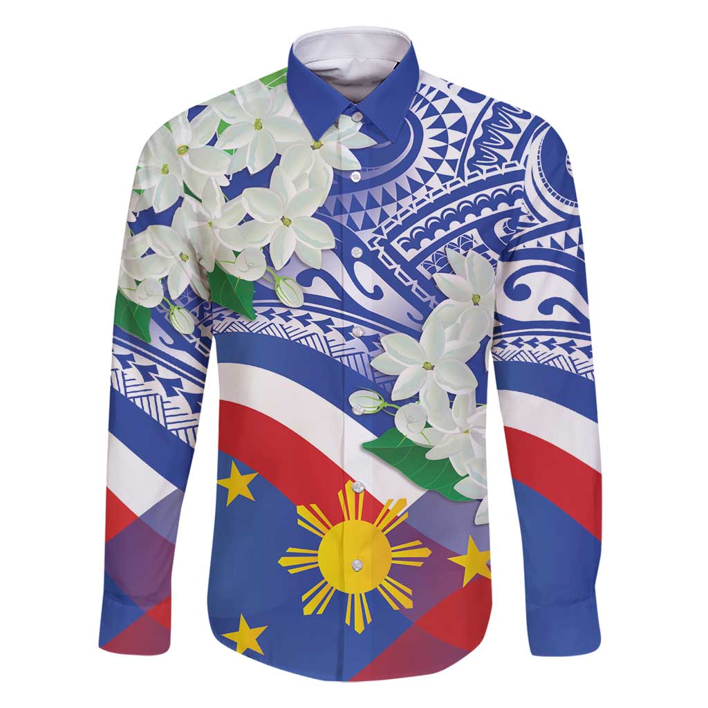 Philippines Flag Family Matching Summer Maxi Dress and Hawaiian Shirt Sampaguita Jasmine with Polynesian Tribal LT9 Dad's Shirt - Long Sleeve Blue - Polynesian Pride