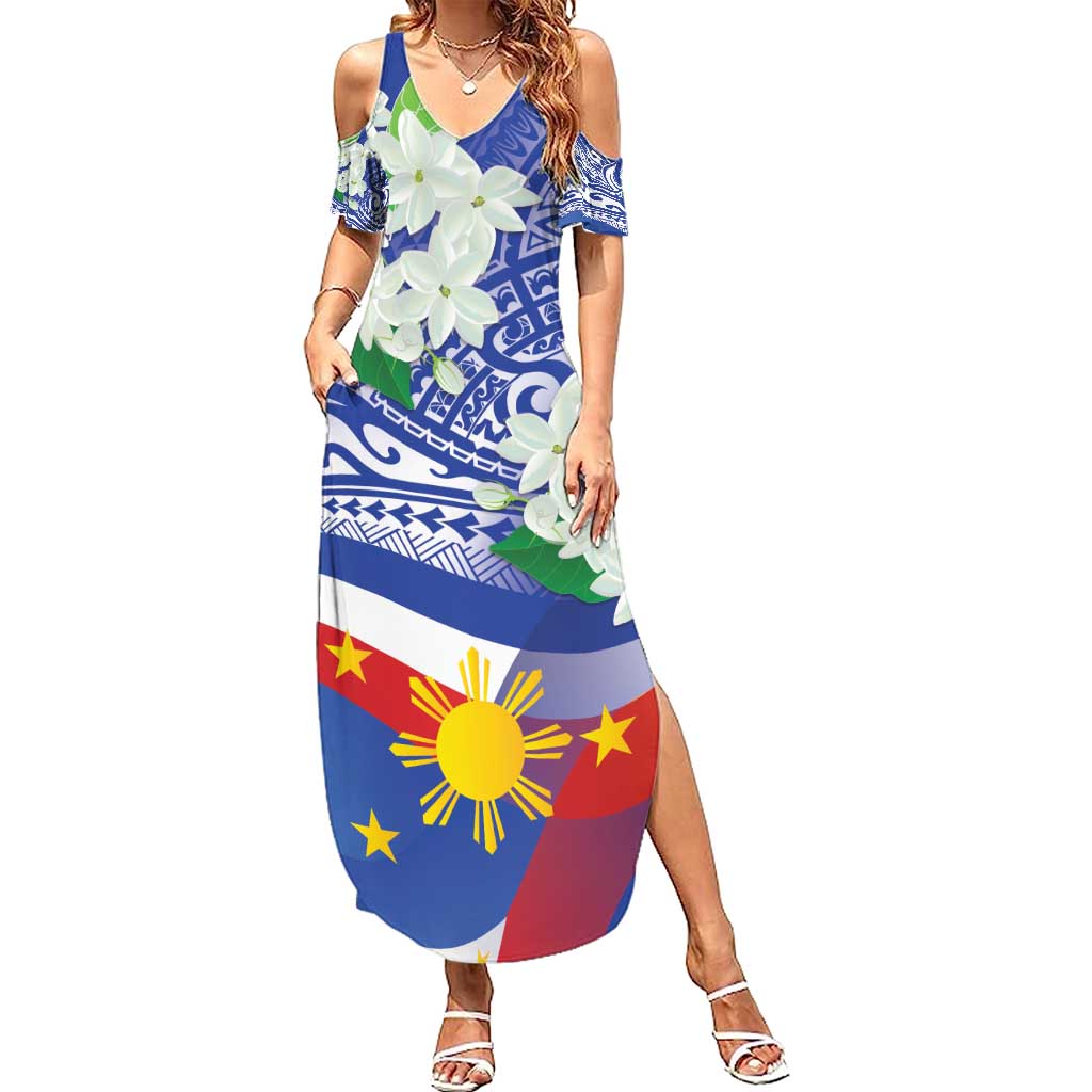 Philippines Flag Family Matching Summer Maxi Dress and Hawaiian Shirt Sampaguita Jasmine with Polynesian Tribal LT9 Mom's Dress Blue - Polynesian Pride