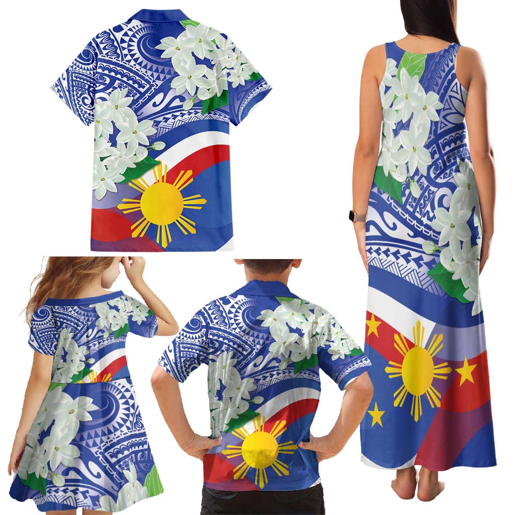 Philippines Flag Family Matching Tank Maxi Dress and Hawaiian Shirt Sampaguita Jasmine with Polynesian Tribal LT9 - Polynesian Pride