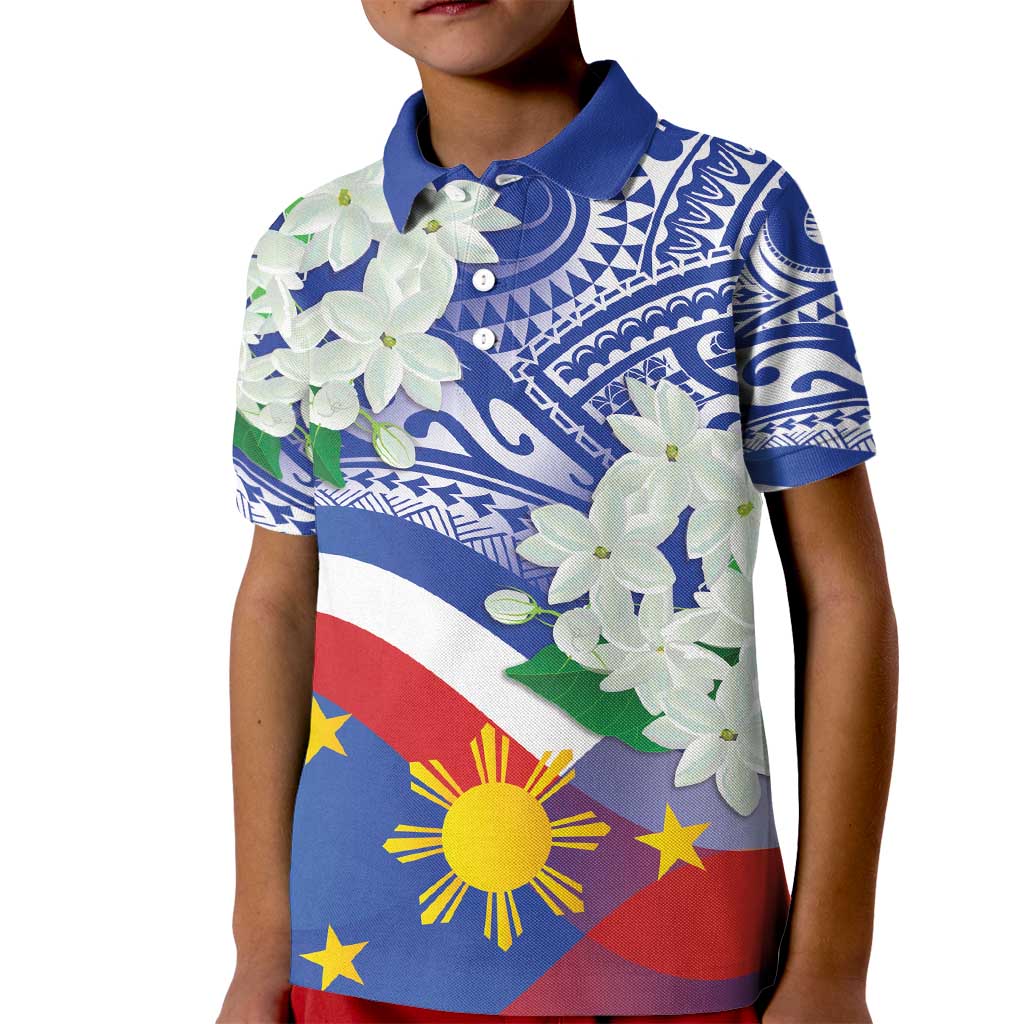 Philippines Flag Kid Polo Shirt Sampaguita Jasmine with Polynesian Tribal LT9 Kid Blue - Polynesian Pride