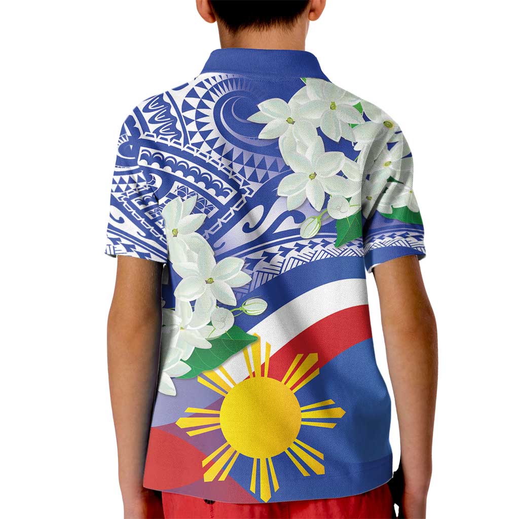 Philippines Flag Kid Polo Shirt Sampaguita Jasmine with Polynesian Tribal LT9 - Polynesian Pride