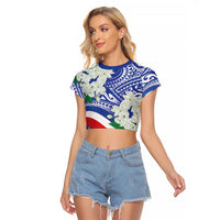 Philippines Flag Raglan Cropped T Shirt Sampaguita Jasmine with Polynesian Tribal LT9 Female Blue - Polynesian Pride