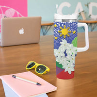 Philippines Flag Tumbler With Handle Sampaguita Jasmine with Polynesian Tribal LT9