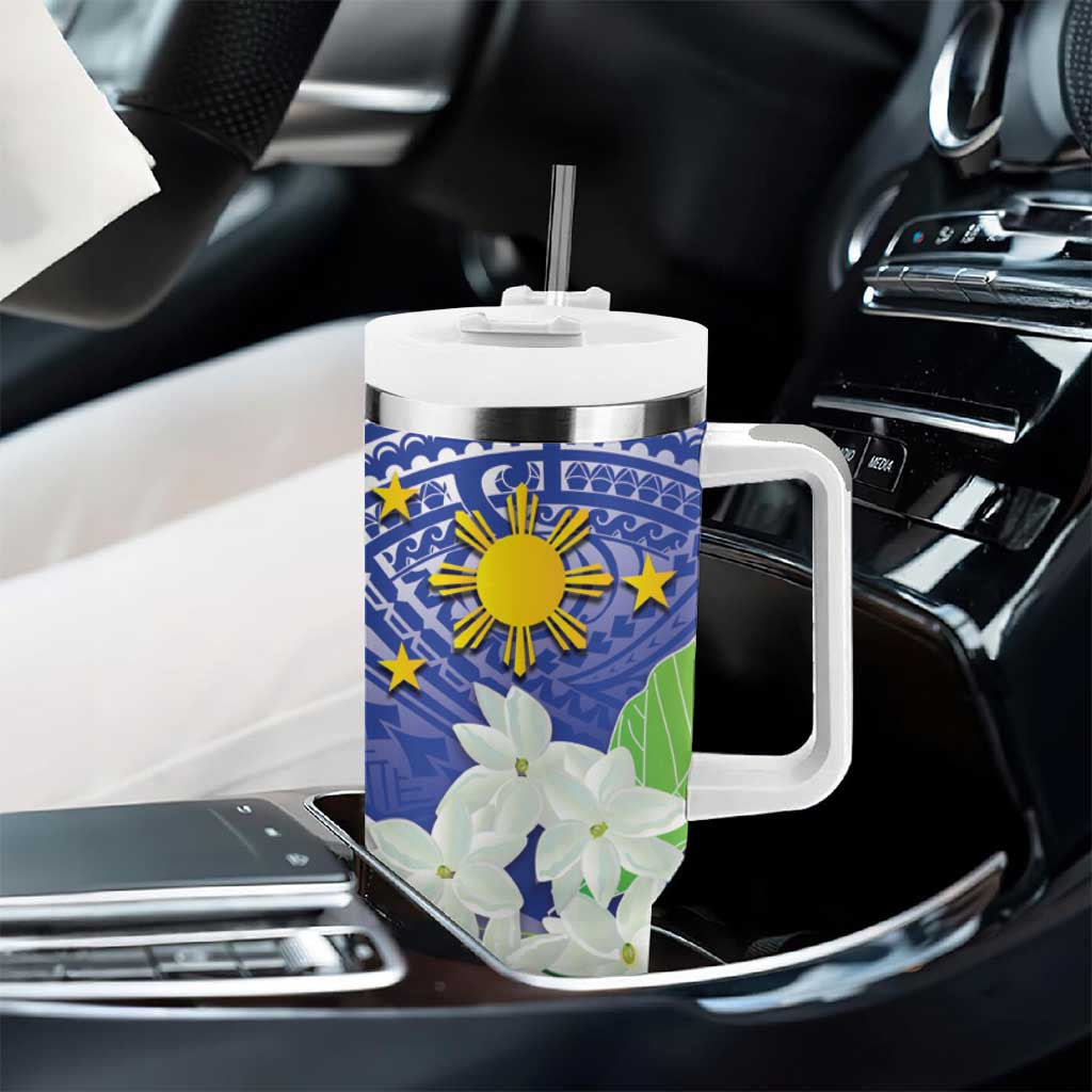 Philippines Flag Tumbler With Handle Sampaguita Jasmine with Polynesian Tribal LT9