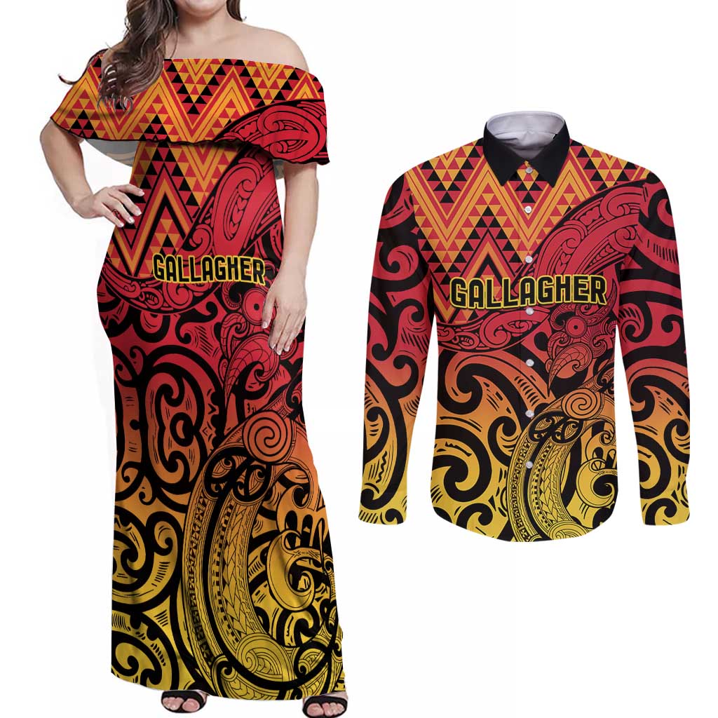 New Zealand Rangatira Custom Couples Matching Off Shoulder Maxi Dress and Long Sleeve Button Shirt Red and Gold Niho Taniwha Maori Tribal LT9 Gold - Polynesian Pride