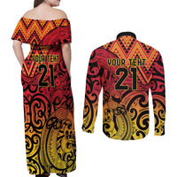 New Zealand Rangatira Custom Couples Matching Off Shoulder Maxi Dress and Long Sleeve Button Shirt Red and Gold Niho Taniwha Maori Tribal LT9 - Polynesian Pride