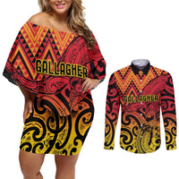 New Zealand Rangatira Custom Couples Matching Off Shoulder Short Dress and Long Sleeve Button Shirt Red and Gold Niho Taniwha Maori Tribal LT9 Gold - Polynesian Pride
