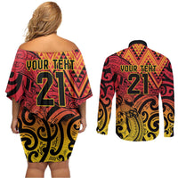 New Zealand Rangatira Custom Couples Matching Off Shoulder Short Dress and Long Sleeve Button Shirt Red and Gold Niho Taniwha Maori Tribal LT9 - Polynesian Pride