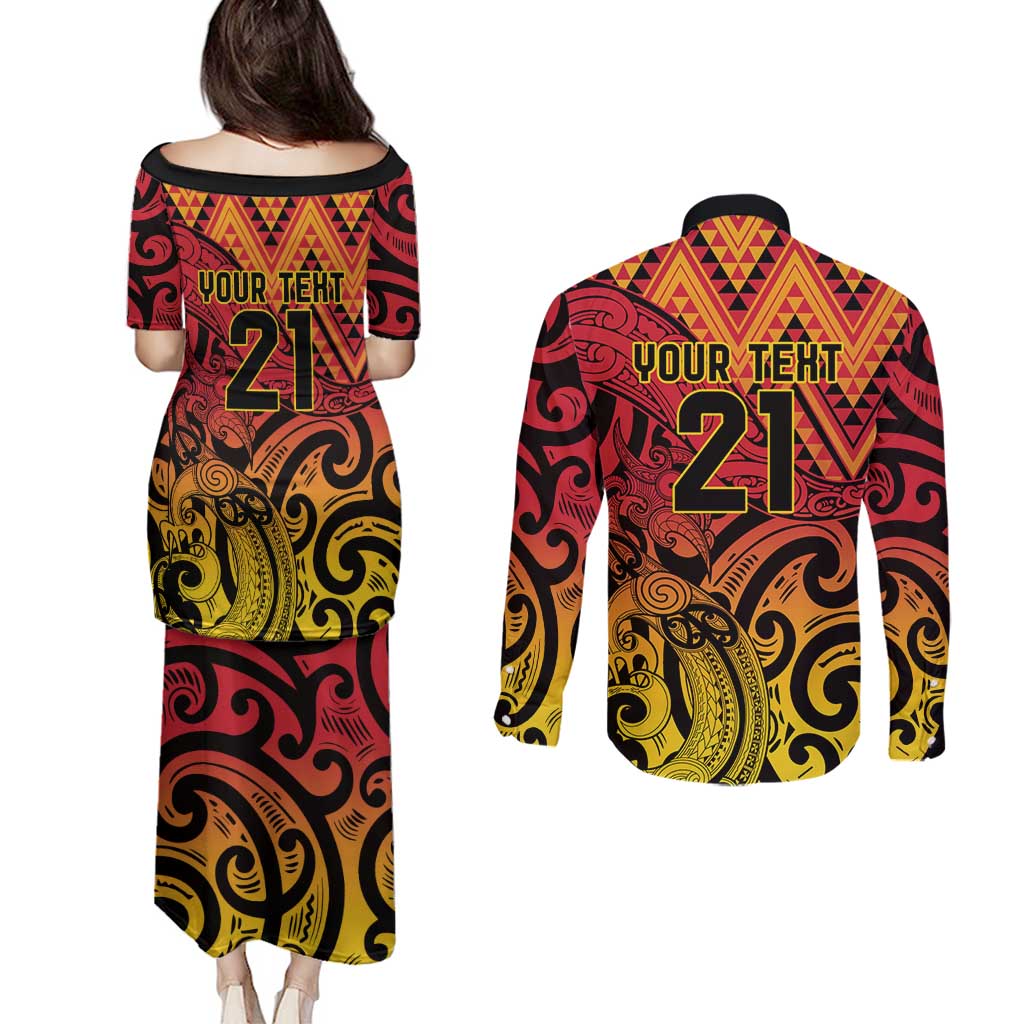 New Zealand Rangatira Custom Couples Matching Puletasi and Long Sleeve Button Shirt Red and Gold Niho Taniwha Maori Tribal LT9 - Polynesian Pride