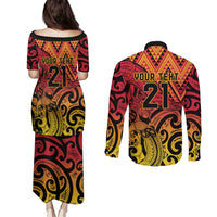 New Zealand Rangatira Custom Couples Matching Puletasi and Long Sleeve Button Shirt Red and Gold Niho Taniwha Maori Tribal LT9 - Polynesian Pride