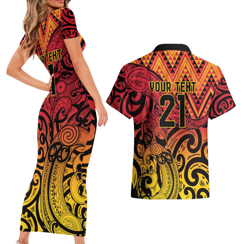 New Zealand Rangatira Custom Couples Matching Short Sleeve Bodycon Dress and Hawaiian Shirt Red and Gold Niho Taniwha Maori Tribal LT9 - Polynesian Pride