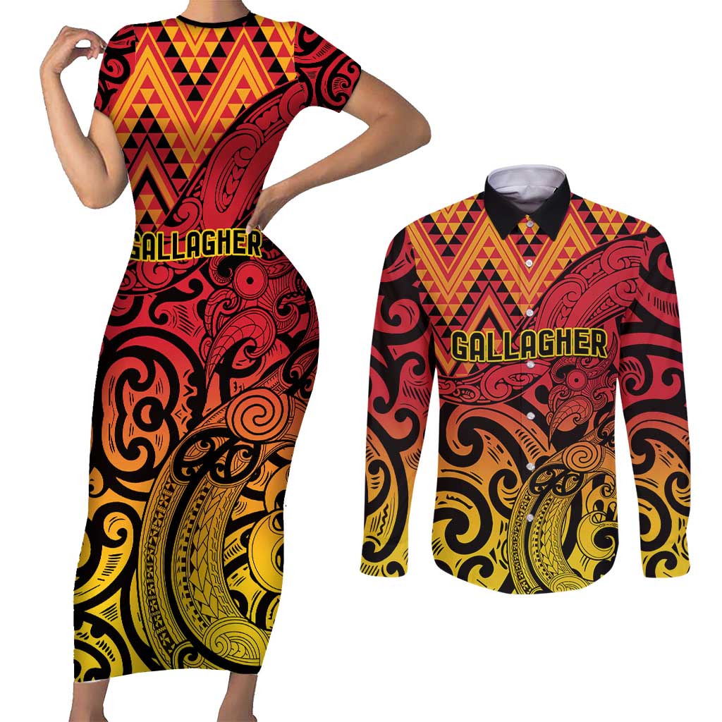 New Zealand Rangatira Custom Couples Matching Short Sleeve Bodycon Dress and Long Sleeve Button Shirt Red and Gold Niho Taniwha Maori Tribal LT9 Gold - Polynesian Pride
