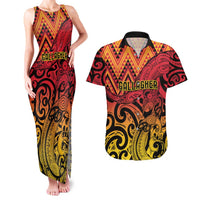 New Zealand Rangatira Custom Couples Matching Tank Maxi Dress and Hawaiian Shirt Red and Gold Niho Taniwha Maori Tribal LT9 Gold - Polynesian Pride