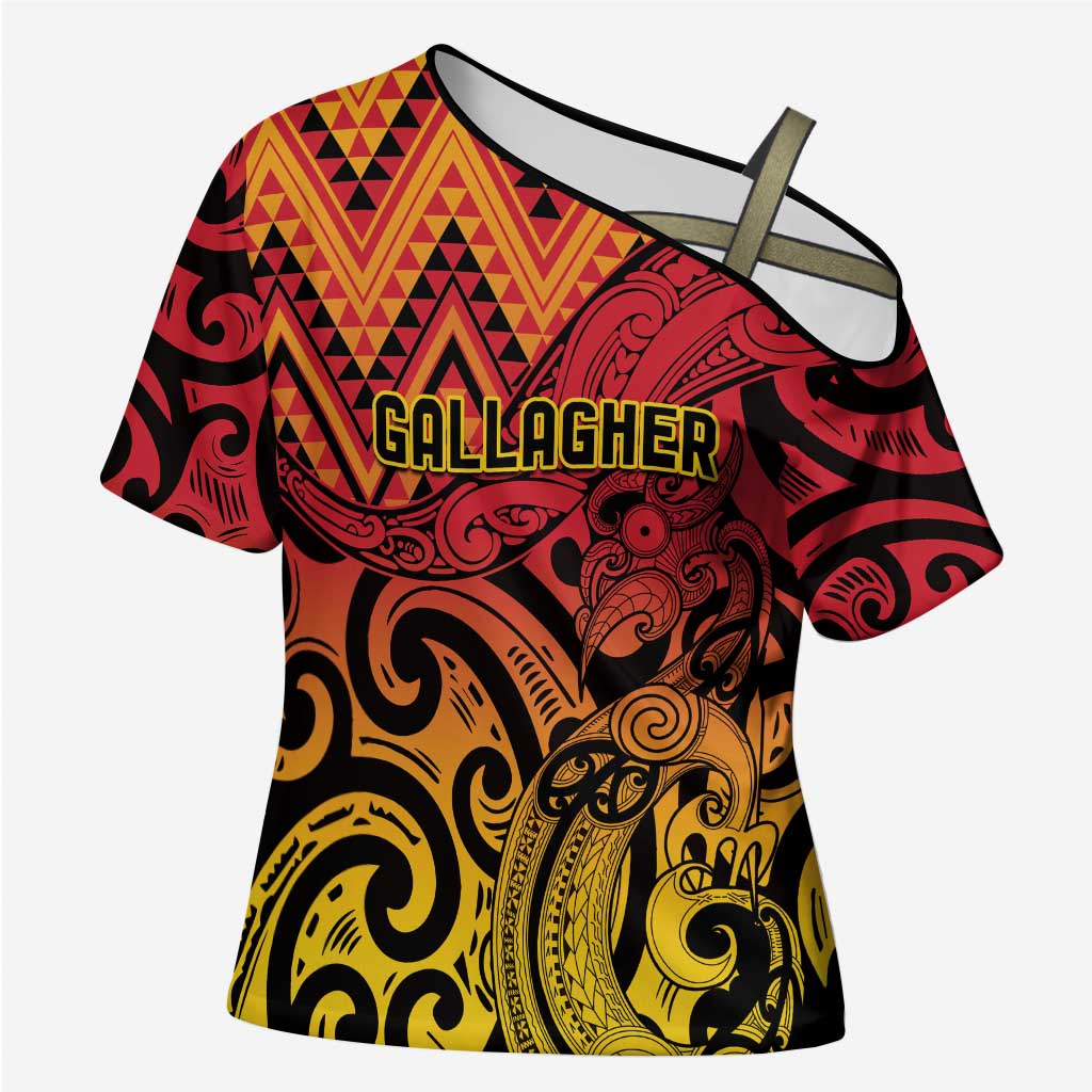 New Zealand Rangatira Custom Cross Shoulder Shirt Red and Gold Niho Taniwha Maori Tribal LT9 Female Gold - Polynesian Pride