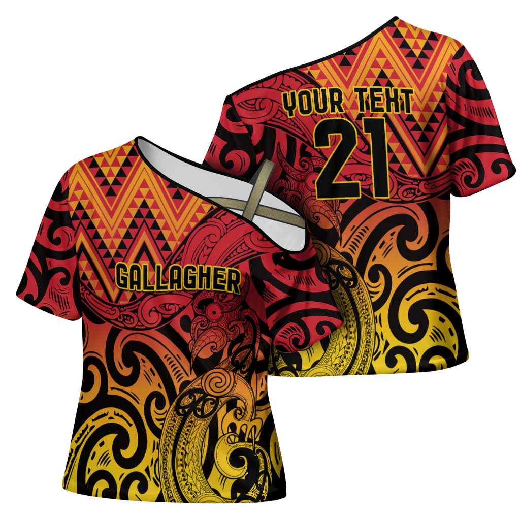 New Zealand Rangatira Custom Cross Shoulder Shirt Red and Gold Niho Taniwha Maori Tribal LT9 - Polynesian Pride
