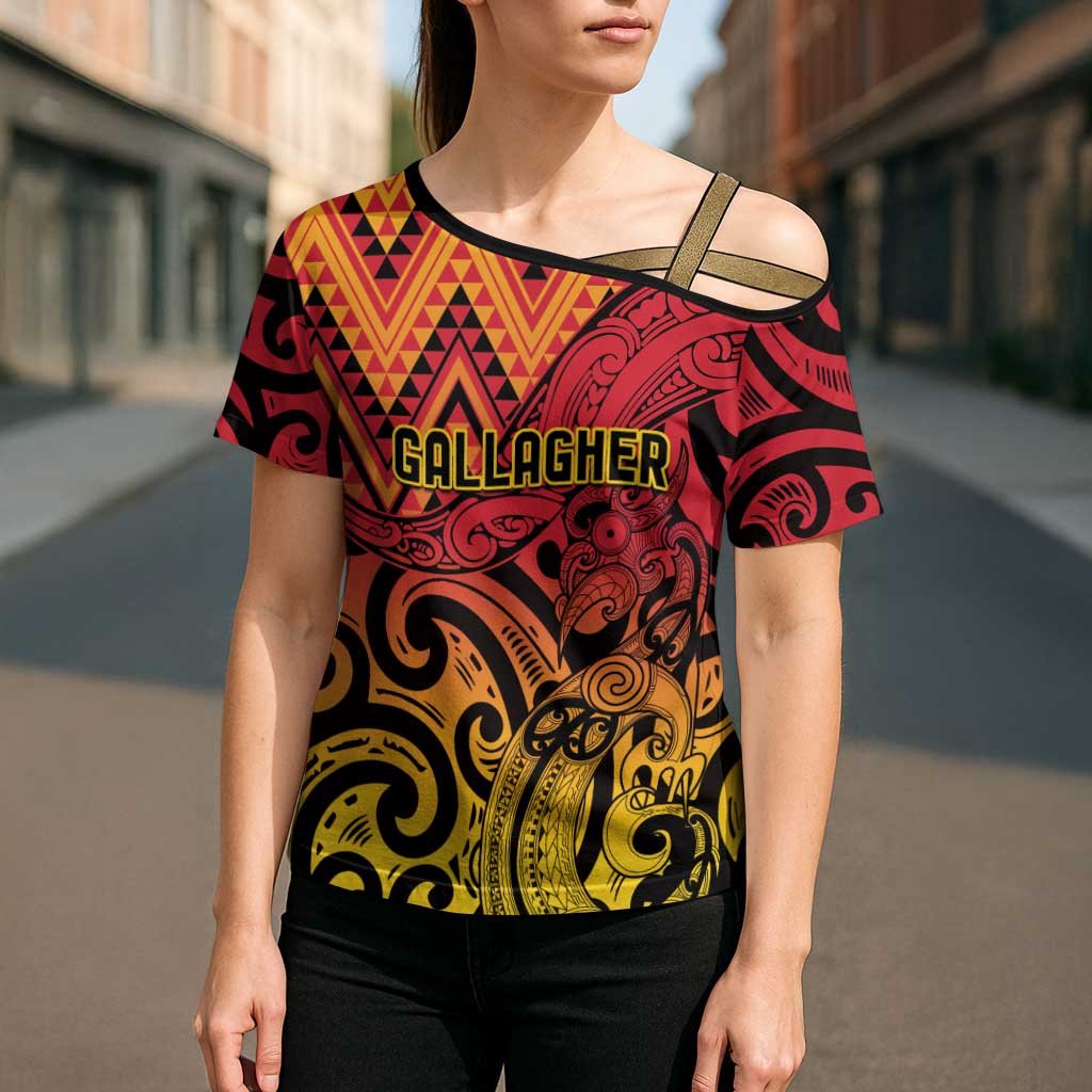 New Zealand Rangatira Custom Cross Shoulder Shirt Red and Gold Niho Taniwha Maori Tribal LT9 - Polynesian Pride