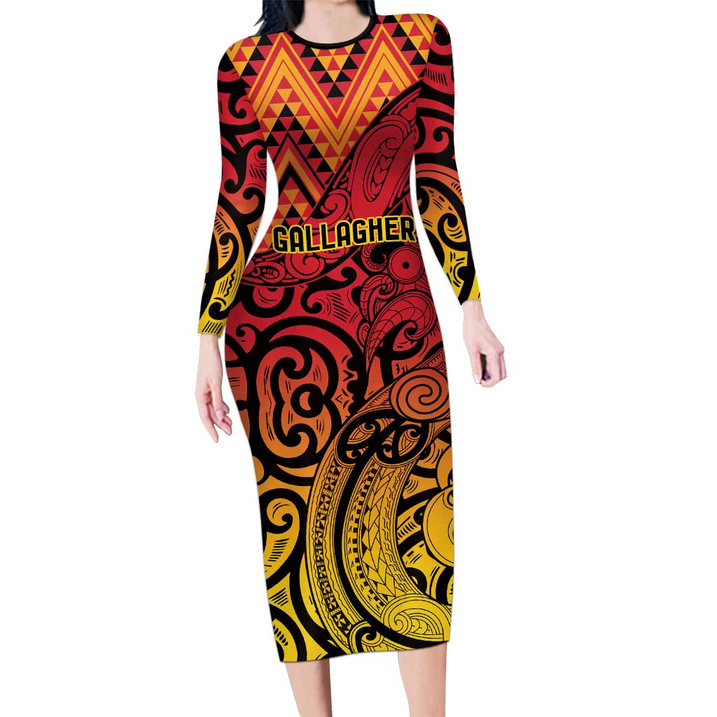 New Zealand Rangatira Custom Family Matching Long Sleeve Bodycon Dress and Hawaiian Shirt Red and Gold Niho Taniwha Maori Tribal LT9 Mom's Dress Gold - Polynesian Pride