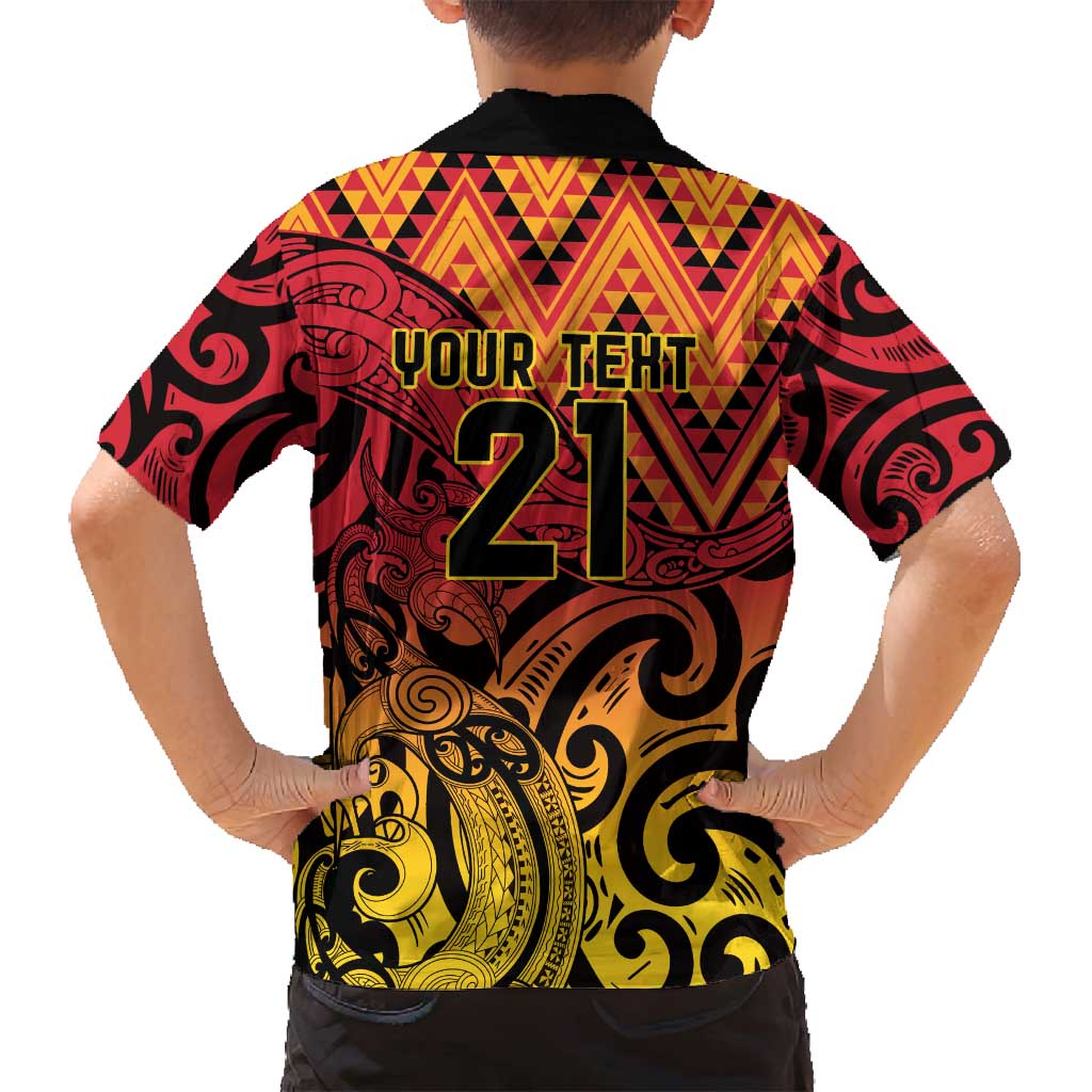 New Zealand Rangatira Custom Family Matching Off Shoulder Maxi Dress and Hawaiian Shirt Red and Gold Niho Taniwha Maori Tribal LT9 - Polynesian Pride