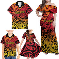 New Zealand Rangatira Custom Family Matching Off Shoulder Maxi Dress and Hawaiian Shirt Red and Gold Niho Taniwha Maori Tribal LT9 - Polynesian Pride