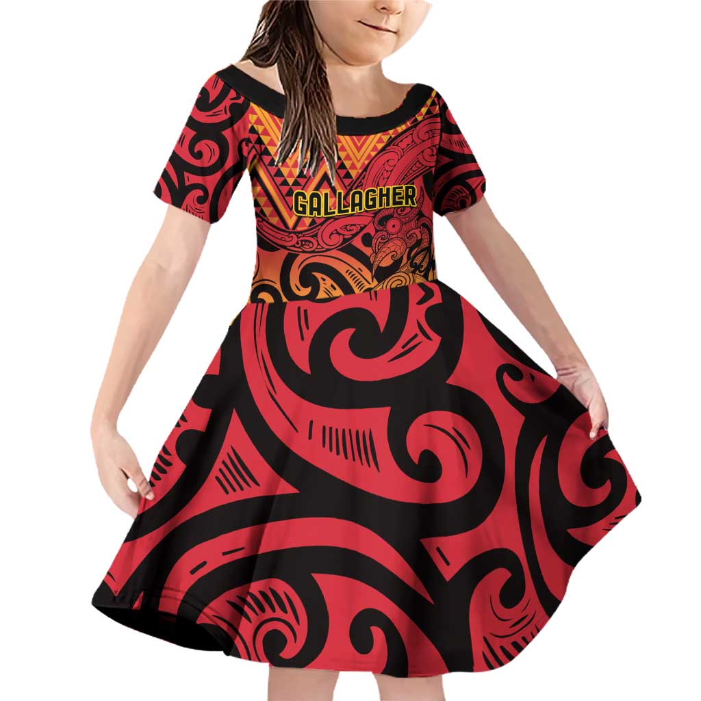 New Zealand Rangatira Custom Family Matching Off Shoulder Short Dress and Hawaiian Shirt Red and Gold Niho Taniwha Maori Tribal LT9 Daughter's Dress Gold - Polynesian Pride