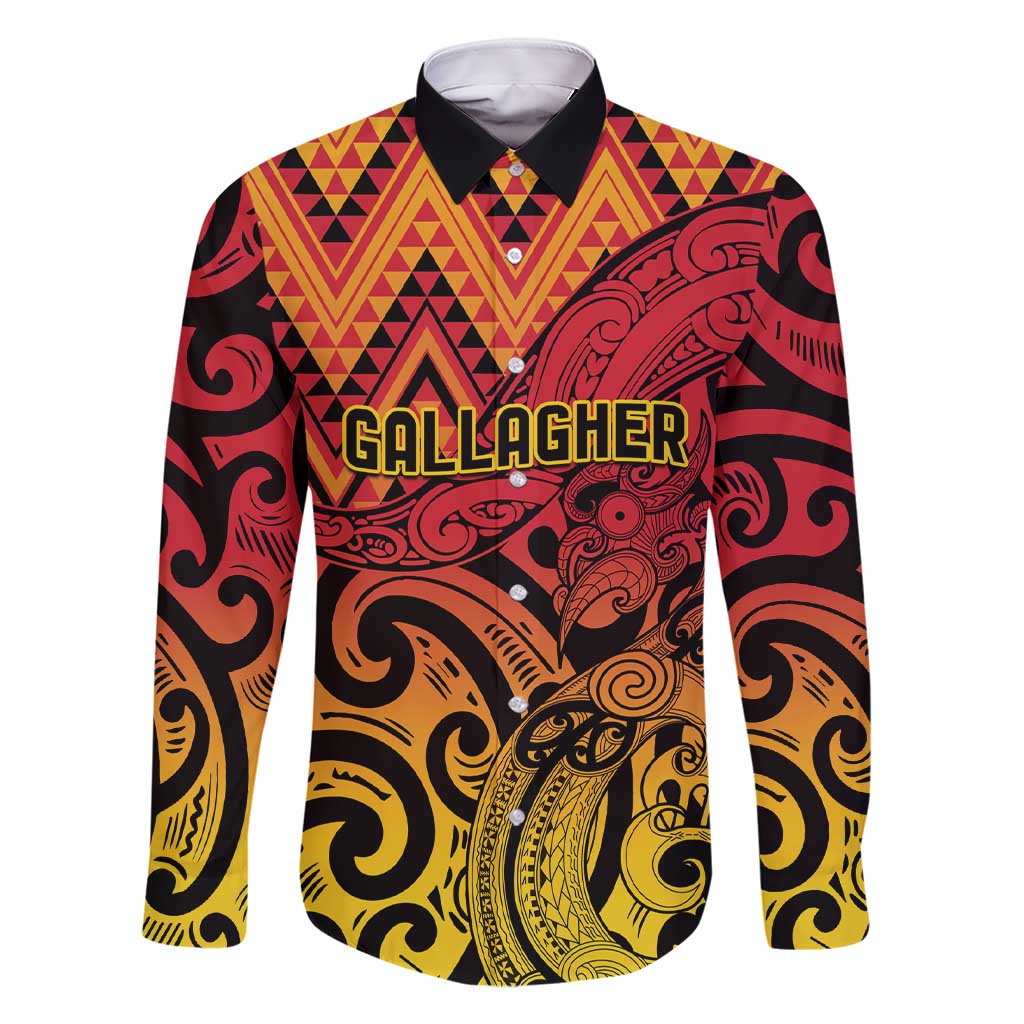 New Zealand Rangatira Custom Family Matching Short Sleeve Bodycon Dress and Hawaiian Shirt Red and Gold Niho Taniwha Maori Tribal LT9 Dad's Shirt - Long Sleeve Gold - Polynesian Pride
