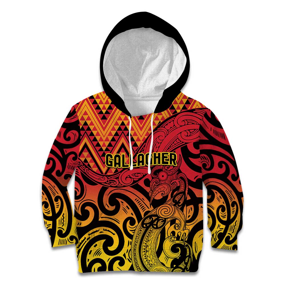 New Zealand Rangatira Custom Kid Hoodie Red and Gold Niho Taniwha Maori Tribal LT9 Hoodie Gold - Polynesian Pride