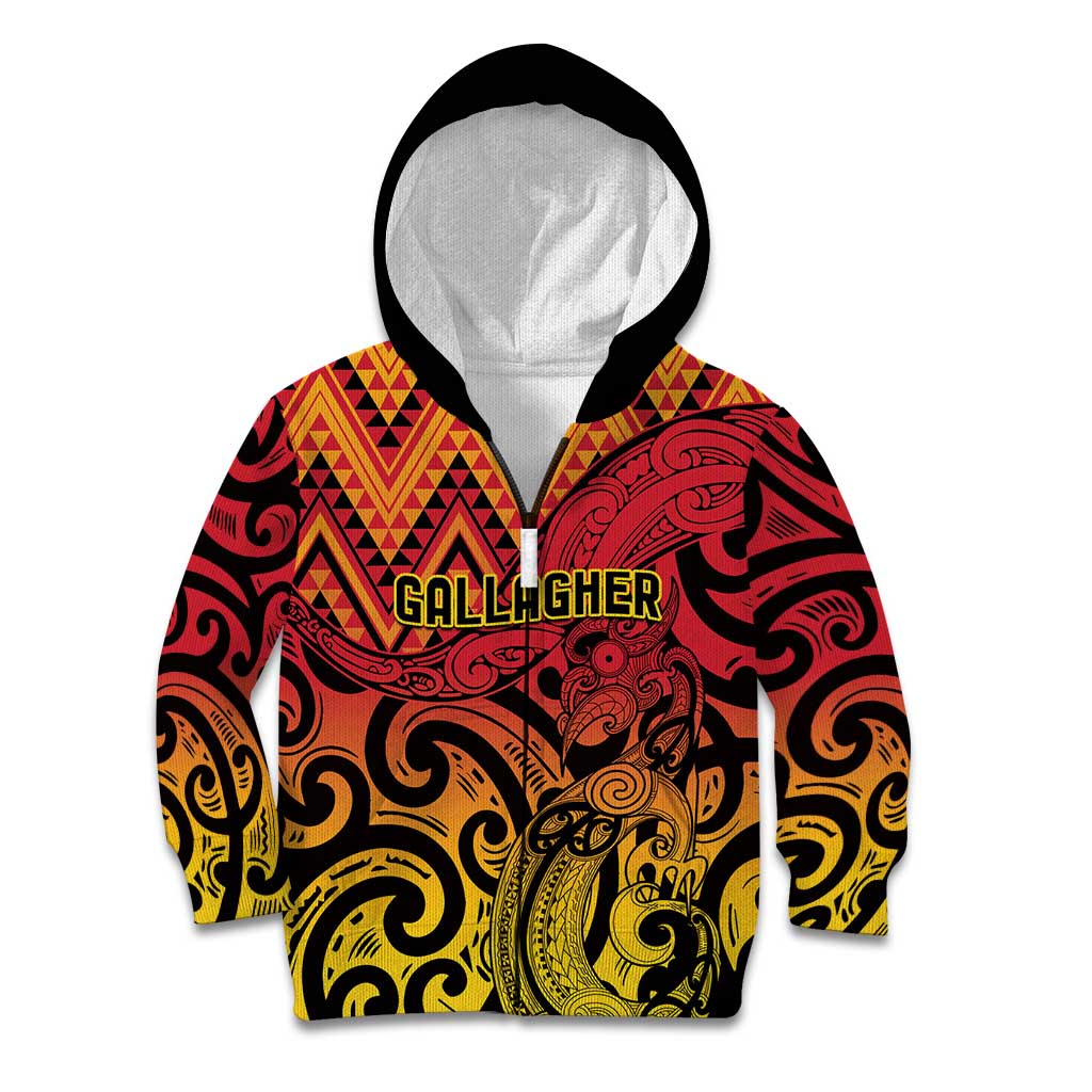 New Zealand Rangatira Custom Kid Hoodie Red and Gold Niho Taniwha Maori Tribal LT9 Zip Hoodie Gold - Polynesian Pride