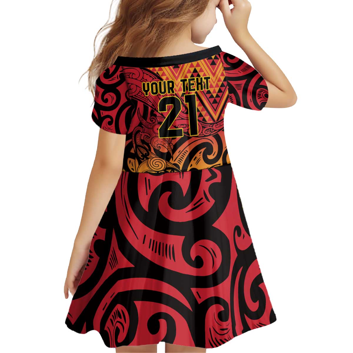 New Zealand Rangatira Custom Kid Short Sleeve Dress Red and Gold Niho Taniwha Maori Tribal LT9 - Polynesian Pride