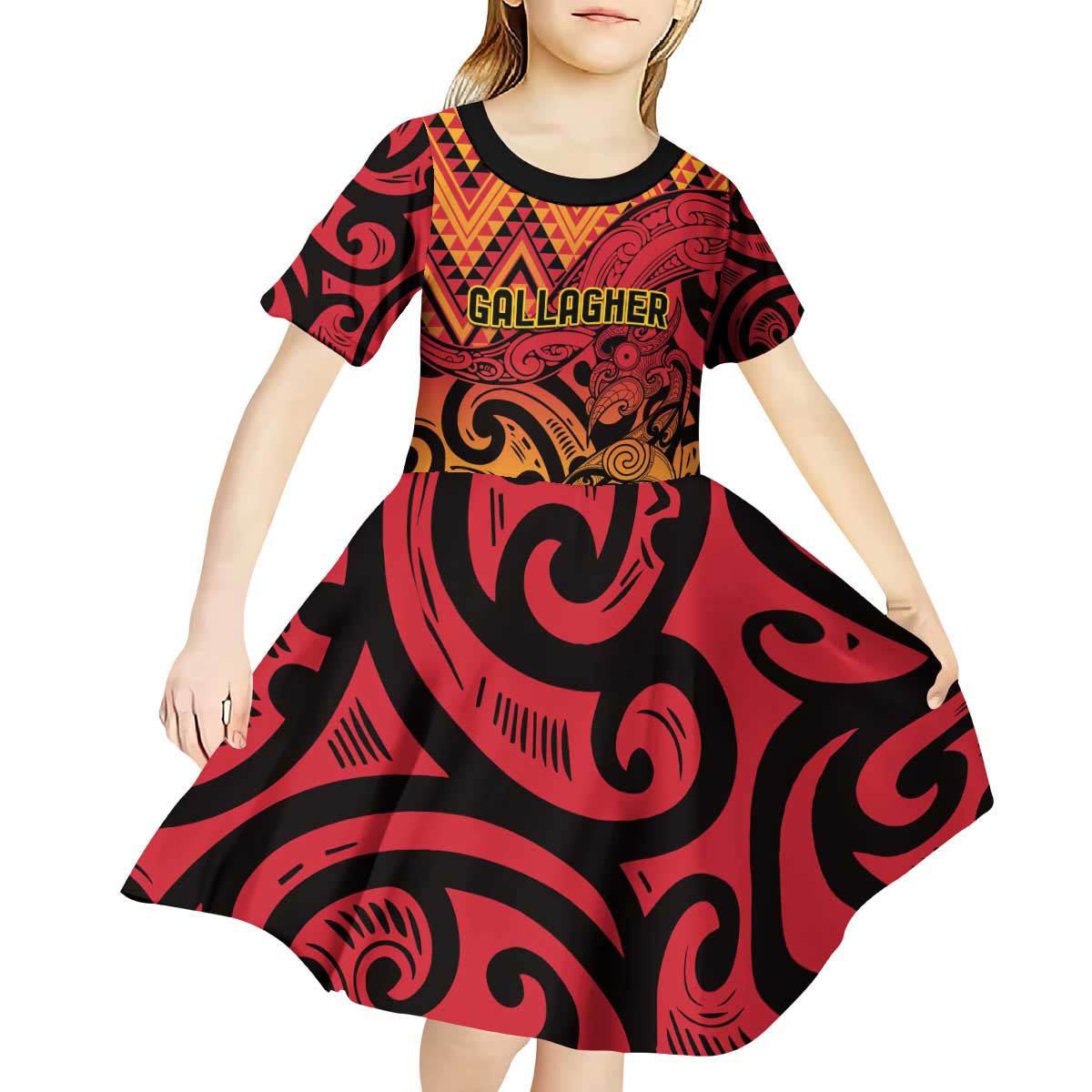 New Zealand Rangatira Custom Kid Short Sleeve Dress Red and Gold Niho Taniwha Maori Tribal LT9 - Polynesian Pride