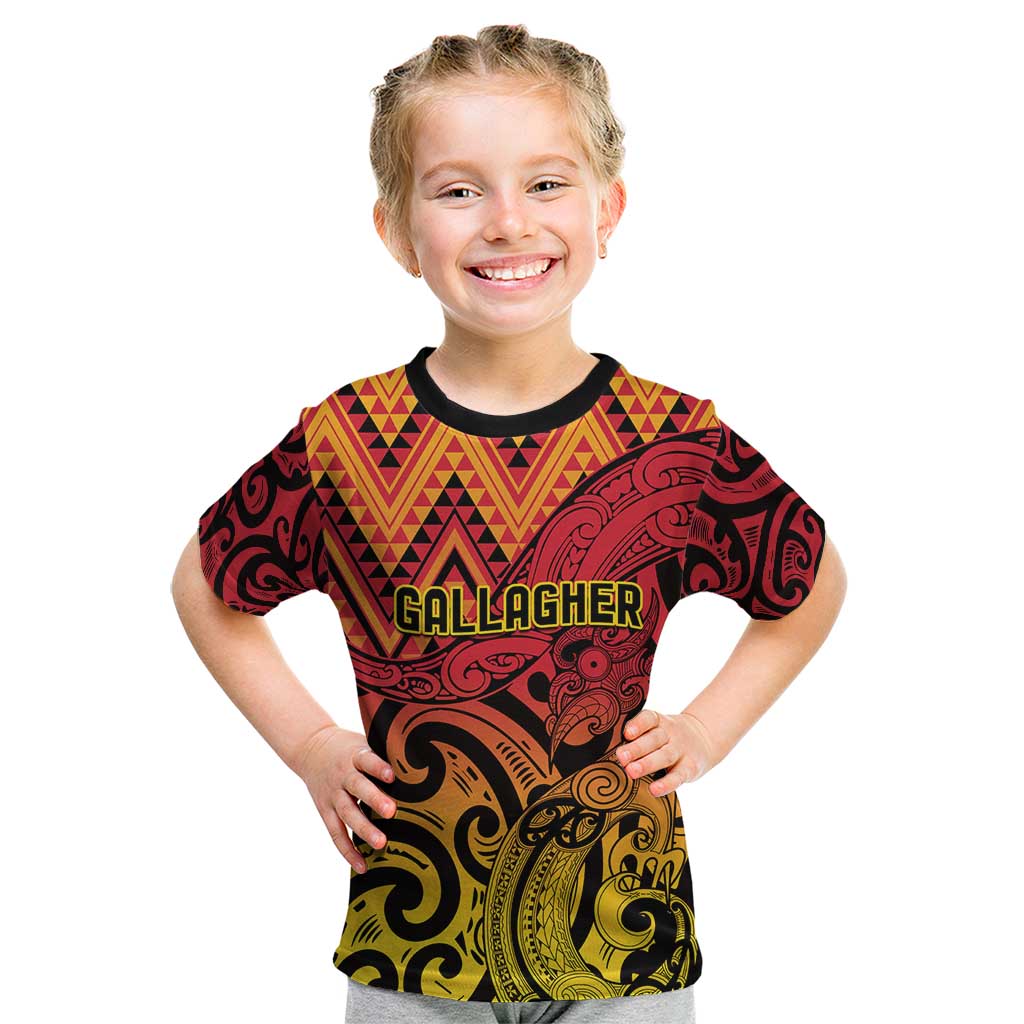 New Zealand Rangatira Custom Kid T Shirt Red and Gold Niho Taniwha Maori Tribal LT9 Gold - Polynesian Pride